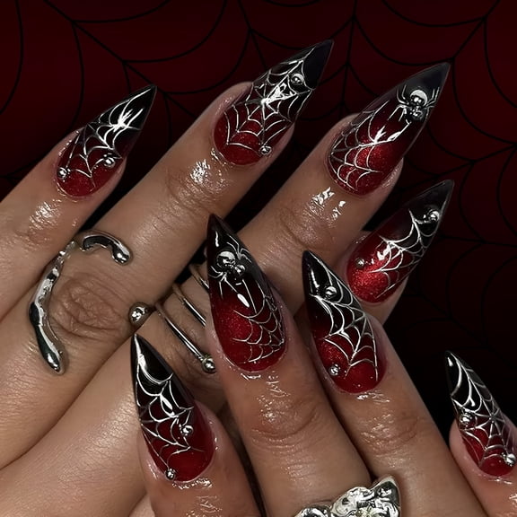 RAGUPEL Halloween Press on Nails, Almond Fake Nails Spiders Acrylic Nails Glossy False Nails on Nails Full Cover Fake Nails