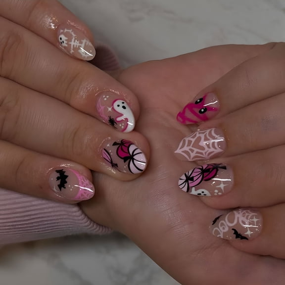 RAGUPEL Halloween Pumpkin Short Oval Press on Nails Abs False Nails for Fall Parties Press on Nails Short