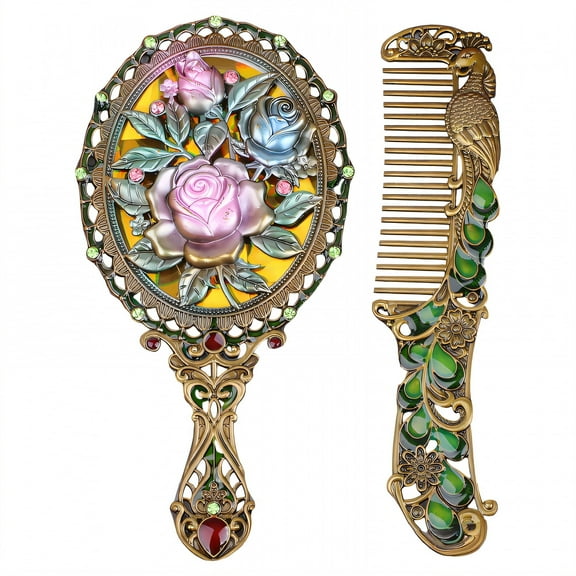 ACDANC Style1 Hand Mirror - 5.3"×2.7"×0.8" Oval Rose Sculpture Handle Mirror