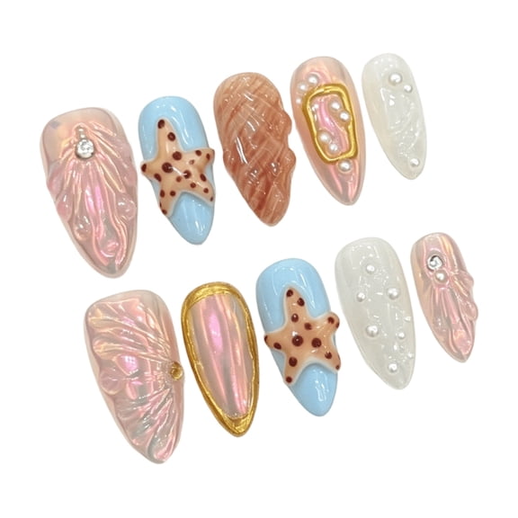 RAGUPEL Handmade Press on Nails 10Pcs-Medium Acrylic False Nails-Ocean Theme Glue on Nails with Seashell Starfish Pearl Design-Beach Mermaid Press on Nails 3D Nail Art for Women Girls