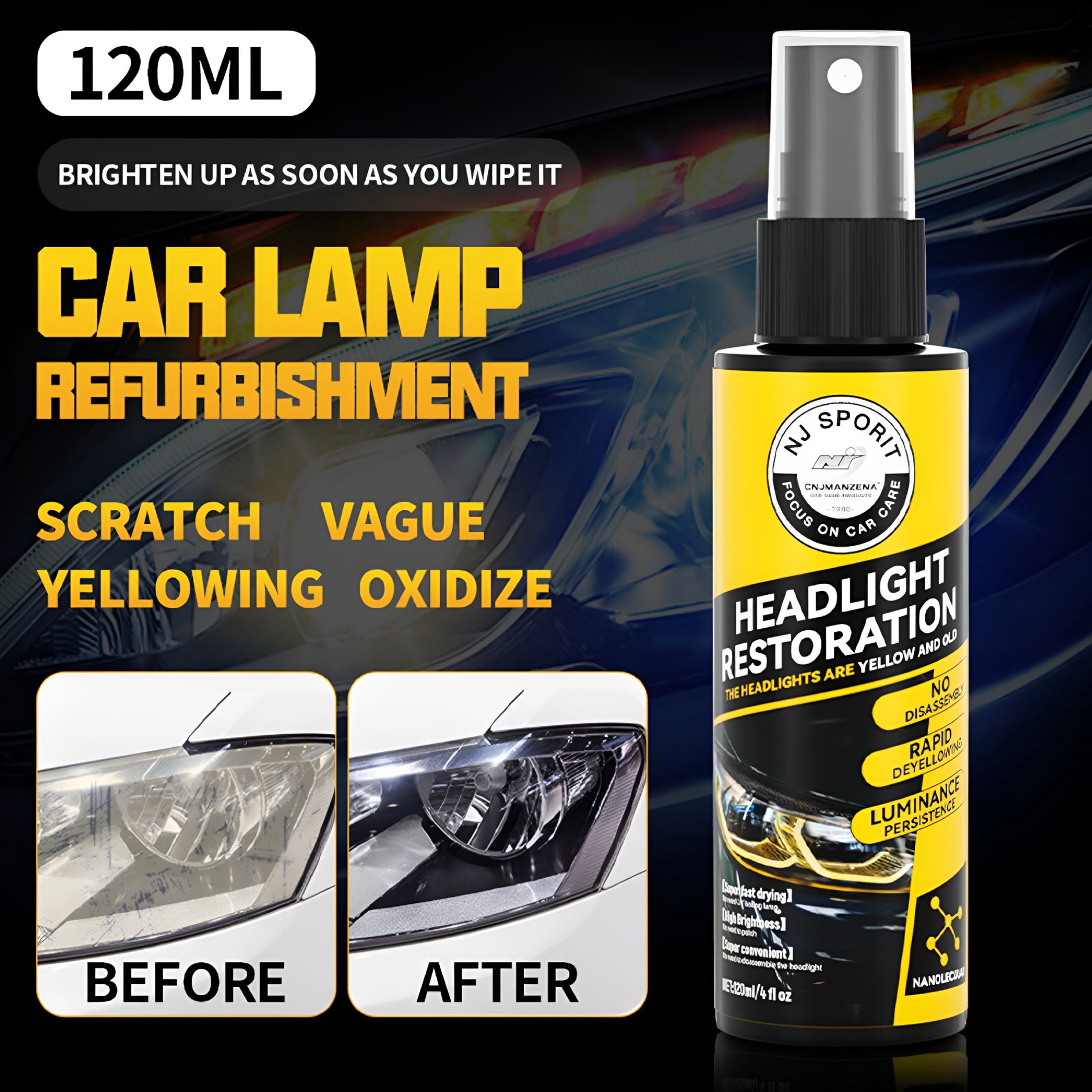 Kit Restauration Phares Voiture 2025 - Spray + Agent De Cristallisation Pour Phares Jaunis Et Opacifiés