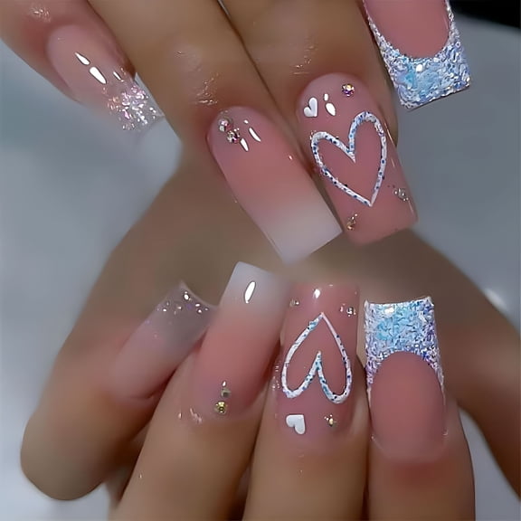 RAGUPEL Heart Press on Nails Medium Square Fake Nails Glitter Glossy Acrylic False Nails with Rhinestones Designs Ombre Pink Full Cover Press Ons Fall Winter Holiday Stick on Nails for Women 24Pcs