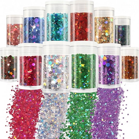 RAGUPEL Holographic Chunky Glitter,12 Colors Assorted Craft Glitter | Mixed 3Mm Stars Glitter Shape Fine Glitter Powder Nail Glitter Flake Sequin for Resin,Body,Slime Tumbler Festival