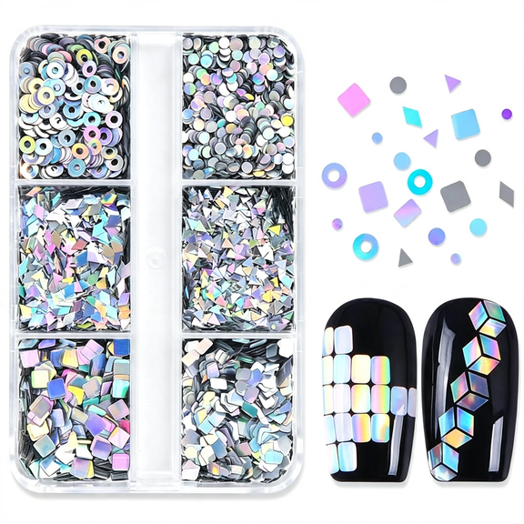 RAGUPEL Holographic Nail Art Sequins Set,Silver Laser Nail Glitter Decoration,Rhombus Triangle Circle Disco Rectangle Square Nail Confetti,3Mm 6 Grids Nails Flakes Decals