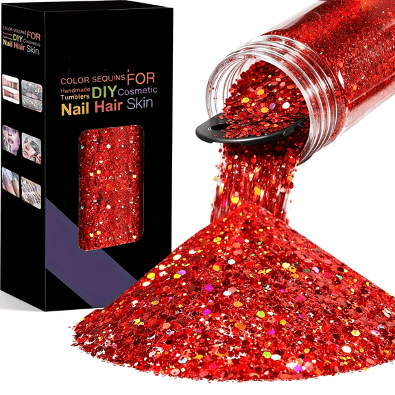 RAGUPEL Holographic Red Chunky Glitter for Snowglobe Tumbler|1.76Oz/50G Laser Red Pet Flake Mixed Fine Powder for Snowglobe Tumbler,Craft,Epoxy Resin,Festival Decor,Nail,Slime