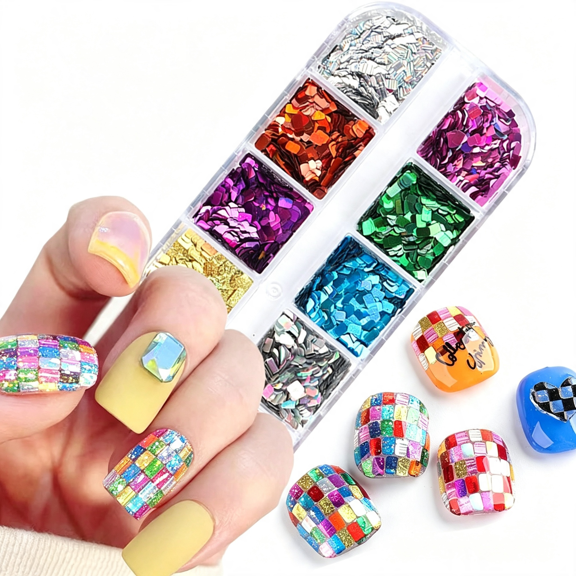 RAGUPEL Holographic Square Glitter Flakes, 12 Colors Rectangle Sparkly Sequins, 3D Glitters Acrylic Nails Supplies for Women Girls Manicure Shiny Decorations, Diy Crafts Resin Nail Art Tips