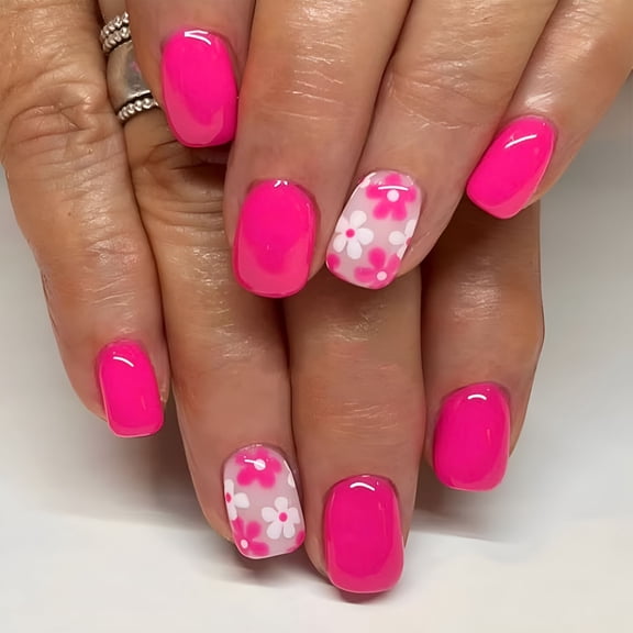 RAGUPEL Hot Pink Press on Nails Short Square Fake Nails with Flower Designs White Daisy False Nails Fall Stick on Nails Cute Glossy Reusable Summer Artificial Nail for Women Girls Manicure 24Pcs