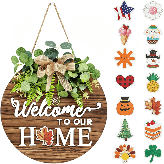 RAGUPEL Interchangeable Seasonal Welcome Sign Front Door Decor,12" Round Wood Wreaths Wall Hanging Indoor Outdoor,Farmhouse,Rustic,Porch,For Spring Summer Fall All Seasons Holiday Home Decoration