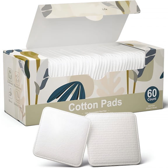 RAGUPEL Large Cotton Pads For Face 3x3 Inch 60 Count Lint Free Facial Cleansing Squares Soft Makeup Remover Rounds With Pressed Seam