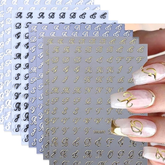 RAGUPEL Letter Nail Stickers, 8 Sheets 3D Self-Adhesive Gold Silver Black White Retro English Pattern Old Alphabet Cursive Design Nail Accessories for Women