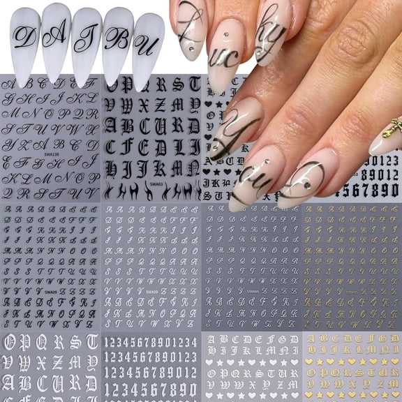 RAGUPEL Letters Nail Art Stickers Decals 12 Sheets Alphabet Initial Nail Decals 3D Self-Adhesive White Black Gold Old English Gothic Letter Sticker for Nails Art Women Diy Manicure Decoration