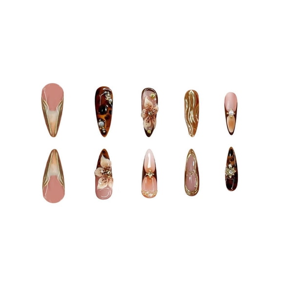 RAGUPEL Long Press on Nails Almond Fake Nails Brown False Nails Flowers Artificial Nails with Gold Charm Designs Summer Handmade Nails 3D Floral Stick on Nails for Women 24Pcs
