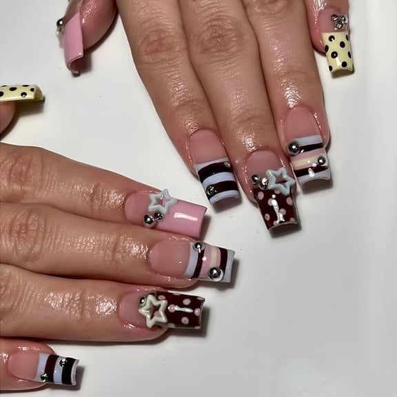 RAGUPEL Long Square Press on Nails-Cute Pink Brown Y2K Fake Nails with 3D Stars Polka Dots-24 Pcs False Nails Kit with Adhesive Tabs