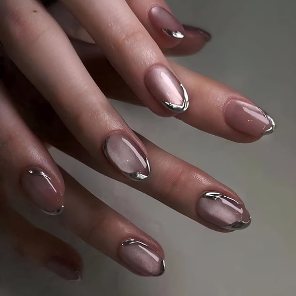 RAGUPEL Medium Cat Eye Press on Nails, Silver French Tip Oval Almond Shape, Glossy Reusable False Nails with Glue and File, Full Cover Artificial Acrylic Stick On Nails for Women