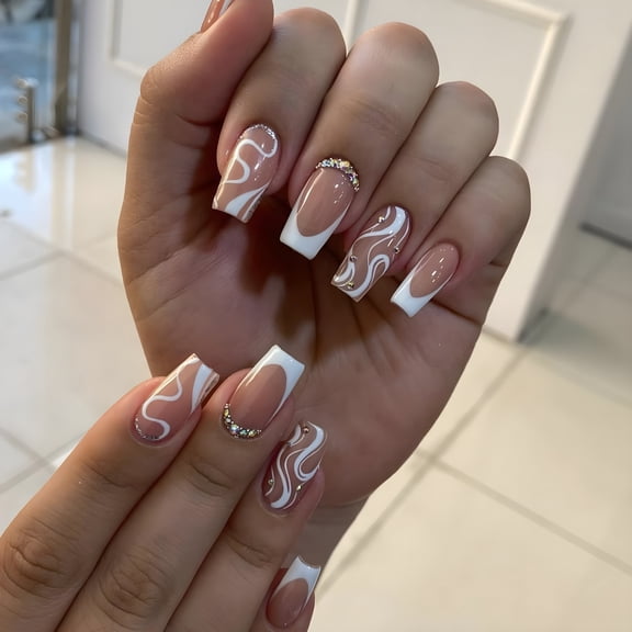RAGUPEL Medium Long Press on Nails White French Tip Fake Nails Square Medium Length Rhinestone Pink Designs Glitter V Shaped French False Nail Tips Artificial Nails Finger Manicure for Women 24Pcs