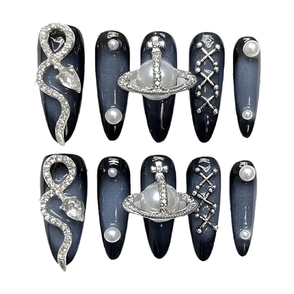 RAGUPEL Midnight Galaxy Press-On Nails,Salon Acrylic Almond False Nails,Deep Navy,Pearl Accents,3D Celestial Press-On Set,Reusable Gel Tips,L Size,10 Pieces