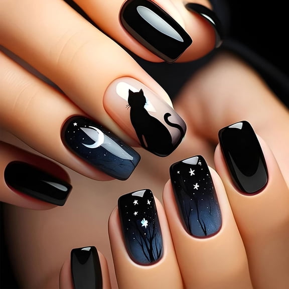 RAGUPEL Moon and Stars Press on Nails with Dark Night Design Short Square False Nails 24 Pcs Glossy Black Cat Acrylic Fake Nail Blue Gradient Stick on Nail for Coquette Women Girls