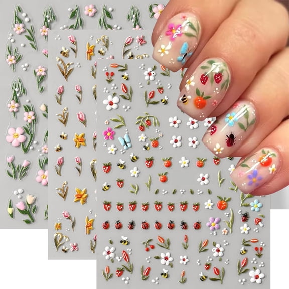 RAGUPEL Nail Stickers for Nail Art,5D Embossed Cute Floral Bee Ladybug Flower Nail Decals Summer Ladybug Bee Tulip Strawberry Leaf Fruit Floral Spring Flower Nail Art Supplies for Women Girls
