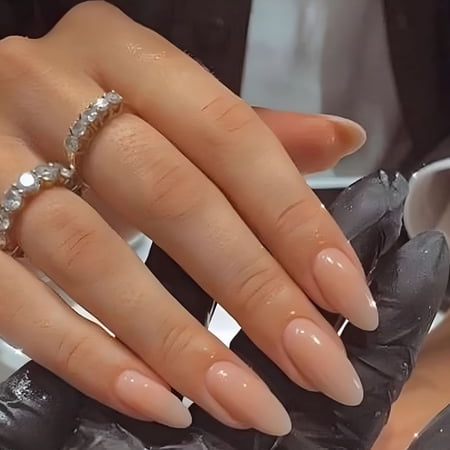 RAGUPEL Nude Press on Nails Almond Shaped Fake Nails Medium Glossy Stick on Nail Natural Full Cover False Nail Acrylic Glue on Nails for Women