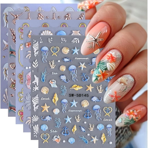 RAGUPEL Ocean Nail Art Stickers Decals 6 Pcs 5D Embossed Seashell Stickers Beach Designs Starfish Jellyfish Sea Animals Hibiscus Flower Decals Summer Sea Theme Charms Nail Art Supplies for Women