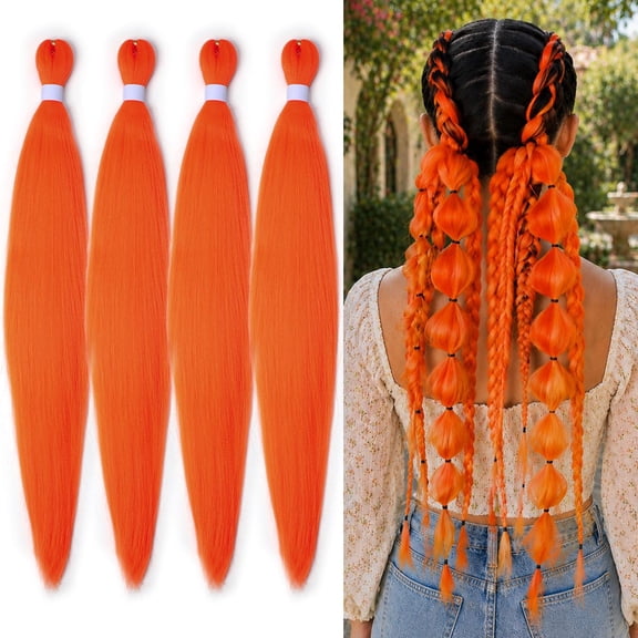 RAGUPEL Orange Braiding Hair Pre Stretched 24 Inch 4 Packs, Synthetic Feed in Hair Extensions for Box Braids, Twist (24 Inch 4 Packs, Orange)