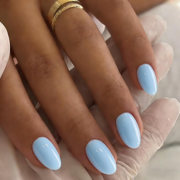RAGUPEL Pastel Soft Blue Press on Nails Short Oval,32 Pcs 16 Sizes Soft Gel Fake Nails Press Ons Almond,Natural Glossy Opaque Glue on Nails with Glue,Acrylic False Nail for Women Daily Looks