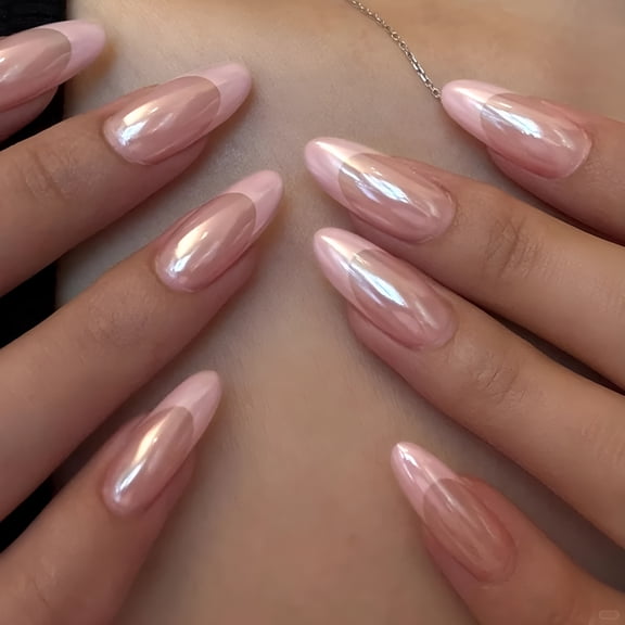 RAGUPEL Pink Chrome French Press on Nails Medium Almond,24Pcs Pink Aurora French Tips with Iridescent Shimmer Design Fake False Nails for Women,Elegant Pretty Daily Wear for Old Money Chic