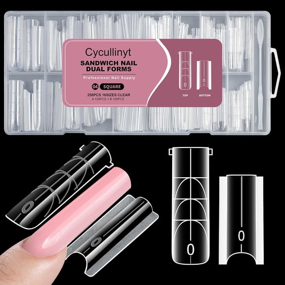 RAGUPEL Poly Nail Gel Sandwich Nail Form Dual System, 256Pcs Square Reusable Top &Amp; Bottom Forms with Guide Lines &Amp; Side Locking Clips, 16 Sizes for Stable Apex Nail Extensions