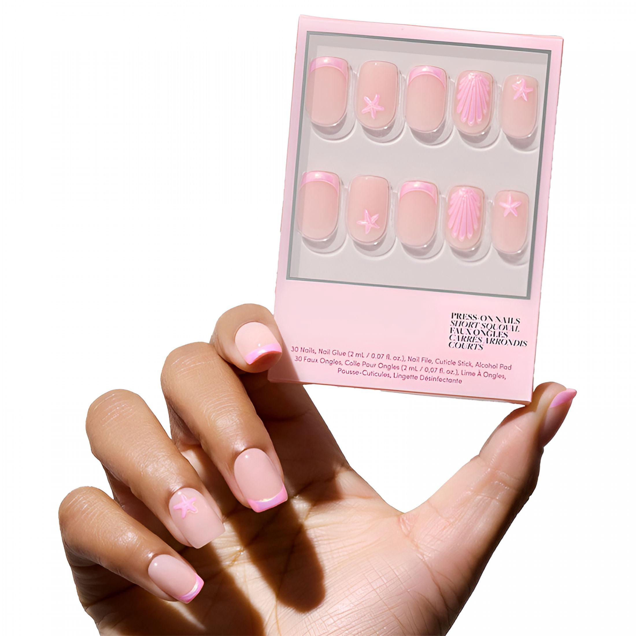 RAGUPEL Press on Nails - Blush Dunes | Short Squoval Fake Nails with Pink French Tips and 3D Accents, Salon Quality Summer Nails | 15 Sizes - 30 Nail Kit with Glue