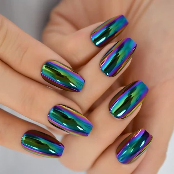 RAGUPEL Press on Nails - Chrome Magic Mirror Effect Green Purple Holo False Nails | Metallic Punk Medium Coffin Reusable Wear Fake Nails in 10 Sizes - 24 Nail Kit with Jelly Glue Pad