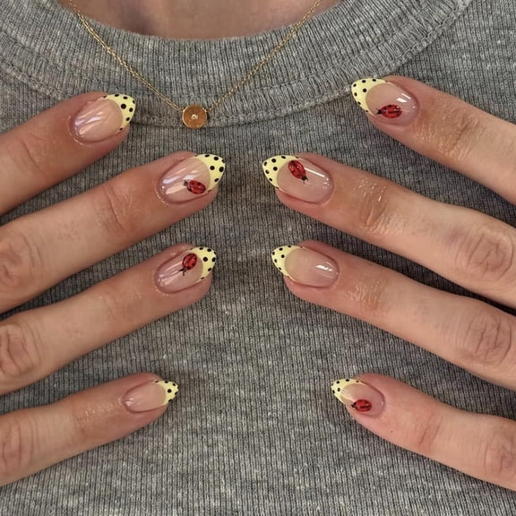 RAGUPEL Press on Nails-Cute Ladybug&Yellow Polka Dot French Tip Nails | Short Almond Fake Nails,3D Ladybug Design,Spring Summer Vibes,Quick Diy Manicure Kit,Lightweight&Reusable,24Pcs