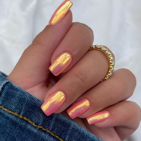 RAGUPEL Press on Nails Extra Short Squoval, Spring Summer Handmade Neon Orange Chrome Gel Glue on Nails, 24Pcs Glazed Donut Glossy Round Fake Nails Acrylic False Nails Kits for Women Gift