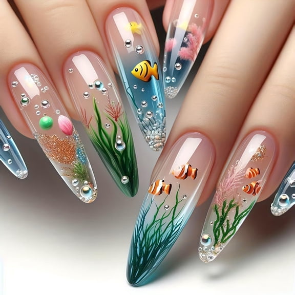 RAGUPEL Press on Nails Long Length Almond Shaped Seaweed Fish Pattern Design Marine Life Fake Nail Full Cover Glossy Acrylic Artificial Fingernails Reusable French Tip Glue on Nails for Women 24Pcs