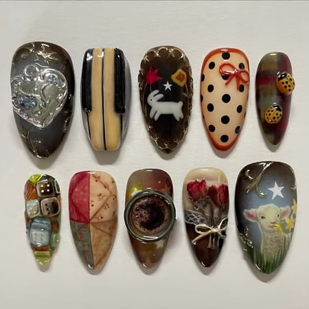 RAGUPEL Press on Nails Medium Almond Fake Nails Colorful Anime Glue Ons Design Rabbit Sheep Flower Y2K Manicure Supplies Handmade Art 24Pcs Glossy Custom Full Cover Acrylic False Nails