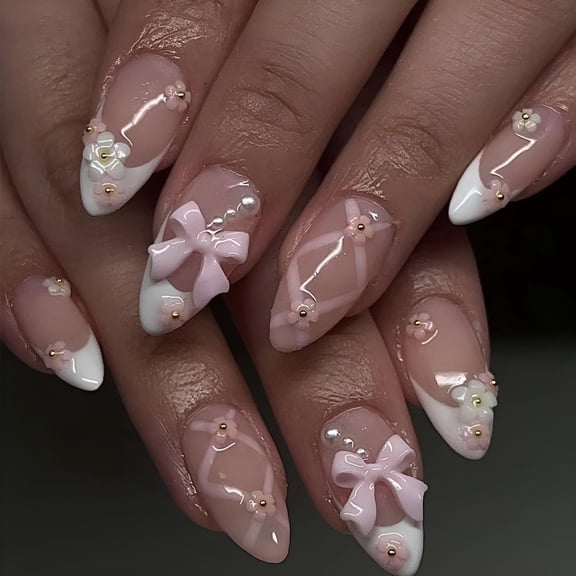 RAGUPEL Press on Nails Medium Rhinestone Pink Fake Nails Almond Bling Glossy 3D Flower False Nail Tips Artificial Nails Finger Manicure for Women&Girls-24 Pcs