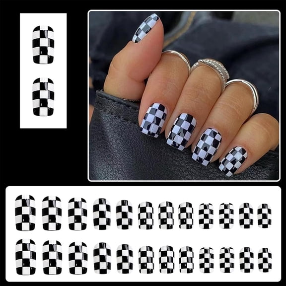RAGUPEL Press Nails Medium Square Fake Nails Black White Checkerboard Design Full Cover Stick Nails Reusable Artificial Nails Plaid Stick False Nails Glue Nails Kit Acrylic Nail Art Diy Women