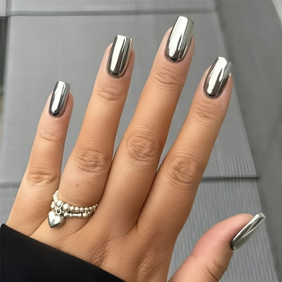 RAGUPEL Press on Nails Medium Square Fake Nails Silver Chrome Glue on Nails Glossy Acrylic Nails Squoval Artificial Nails Bling Metallic Mirror Stick on False Nails with Design 24 pcs