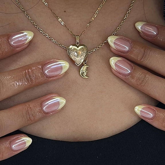 RAGUPEL Press on Nails Short Almond - Butter Yellow French Tip, Chrome Finish | Short Almond Shaped, Glossy, Reusable, Full Cover, Fresh Yellow Press on Nails Spring Summer Manicure
