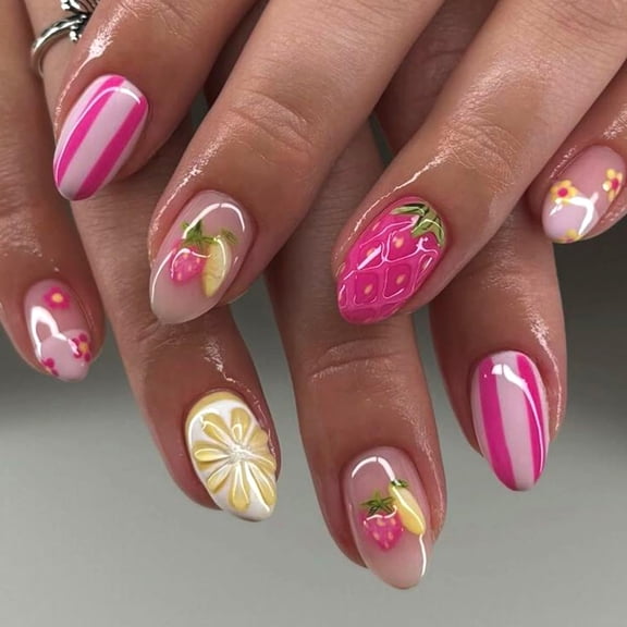 RAGUPEL Press on Nails-Short Almond,Strawberry,Lemon,Striped | Pink Yellow Hues,Cute Strawberry&Lemon Fruit Design,Spring Summer Vibes,Reusable,Spring Summer Vibes Curve Life Nails Short