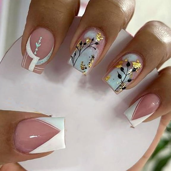 RAGUPEL Press on Nails Square Medium French Tips Glossy Full Cover Acrylic Square Medium Glitter False Nails with Leaf Designs Artificial Short Coffin Fake Nails Glue Stick on Fingernails