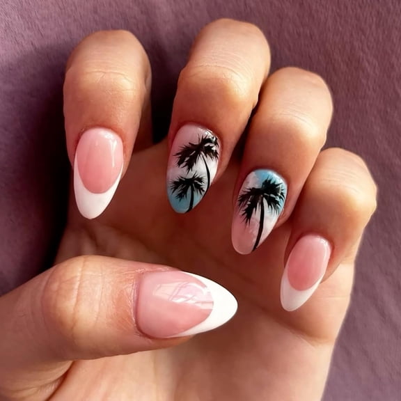 RAGUPEL Press on Nails White French Tip Fake Nails Medium Almond Shaped Beach False Nails with Palm Tree Designs Acrylic Nail Full Cover Stick on Nail for Women Nail Art Summer Manicure