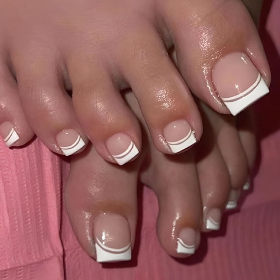 RAGUPEL Press on Toenails Fake Toe Nails, Short Toe Nail Press ons, Glossy Toe Nails Press on Designs, Artificial Toenail Press on Nails White French Tip Toe Nails for Women 24Pcs