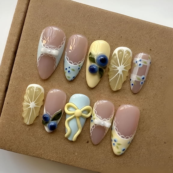 RAGUPEL Press on Nails,10 Pcs Handmade French Almond Fake Nails,Reusable Artificial Fruit Pattern False Nails for Women 3D Acrylic Nails Kit(Size L)