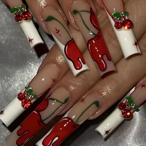 RAGUPEL Press on Nails Extra Long Square Glue on Nails with White French Tip,Acrylic Cherry Rhinestone Design 24 Pcs