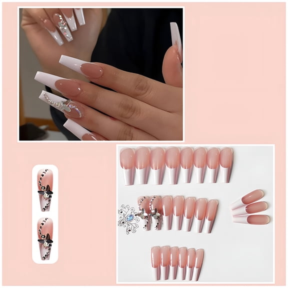 RAGUPEL 2026 New Press on Nails Long French Tip Nails Cute Pink White with Butterfly Rhinestone False Nails 24 Count with 2Ml Glue for Party,Wedding,Daily,Photo Shoot