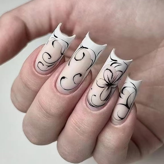 RAGUPEL Press on Nails - Long Square Fake Nails with Matte Milky White, Acrylic French Tip Flower Design 24 Pcs Press on Nails