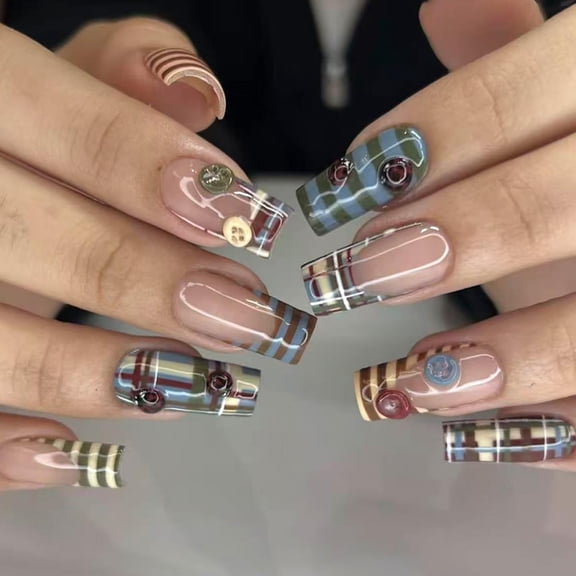RAGUPEL Press on Nails Medium Square Plaid Fake Nails with 3D Button Ladybug Designs for Women Party Travel 24Pcs(Press on Nails with Designs)