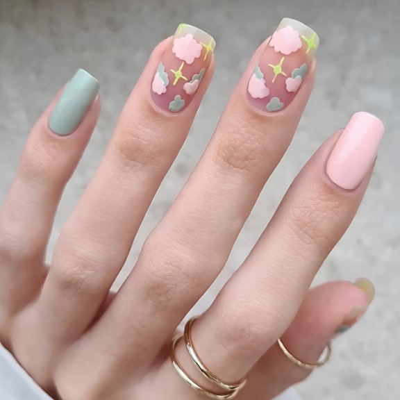 RAGUPEL Press on Nails Short Coffin Acrylic Glue on Nails with Cute Pink Cloud Designs Glossy Reusable Fake Nails