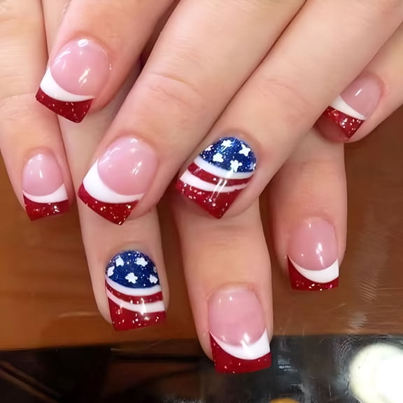 RAGUPEL Press on Nails Short Square Fake Nails with Glitter American Flag Eagle Design Acrylic Glue on Nails Patriotic False Nails for Women 24Pcs