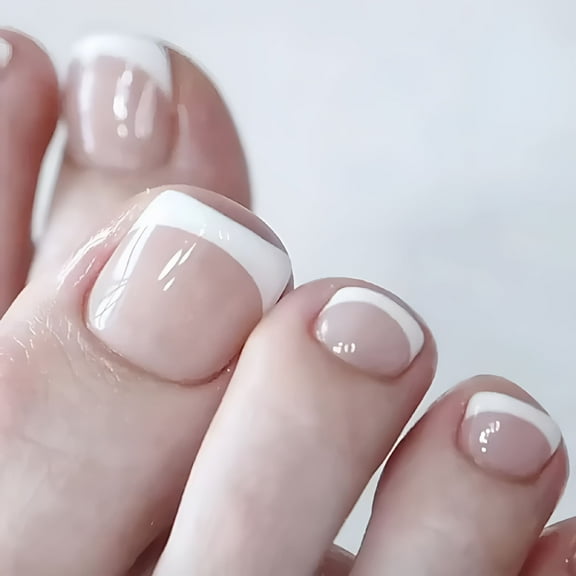 RAGUPEL Press on Toenails, Short Square Nude French Tip Fake Toe Nails, 24 Pcs Full Cover Acrylic Pedicure Kit